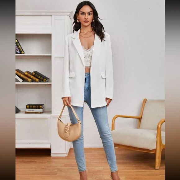 SHEIN Privé Peak Collar Flap Detail Solid Blazer New - Picture 4 of 13